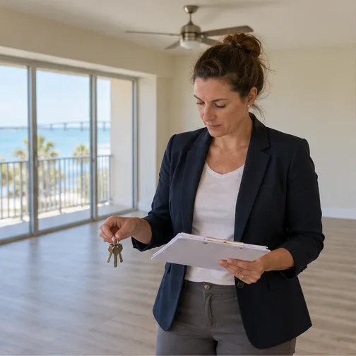 Property manager reviewing a checklist in a cleared rental apartment